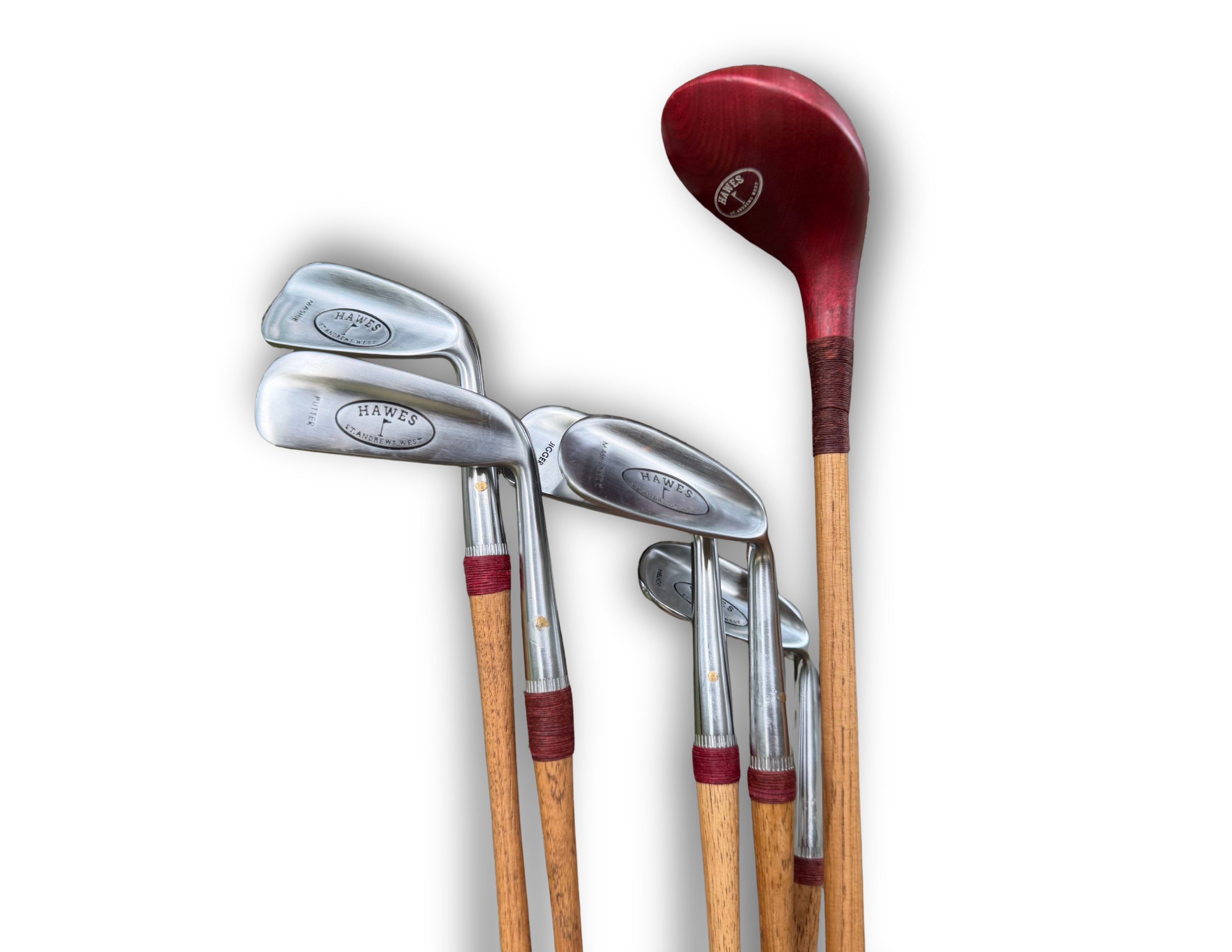 Hawes St. Andrews West hickory golf clubs — irons and wood with hickory shafts